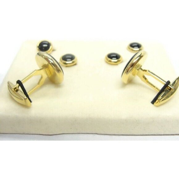 Gold Tone Black Cufflinks Shirt Buttons Set Formal Wedding Tux Vintage - Picture 5 of 11